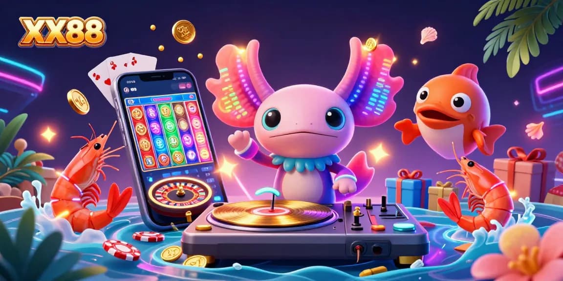 Experience the thrill of gaming with XX88's vibrant cartoon illustration showcasing an axolotl DJ and colorful casino elements.