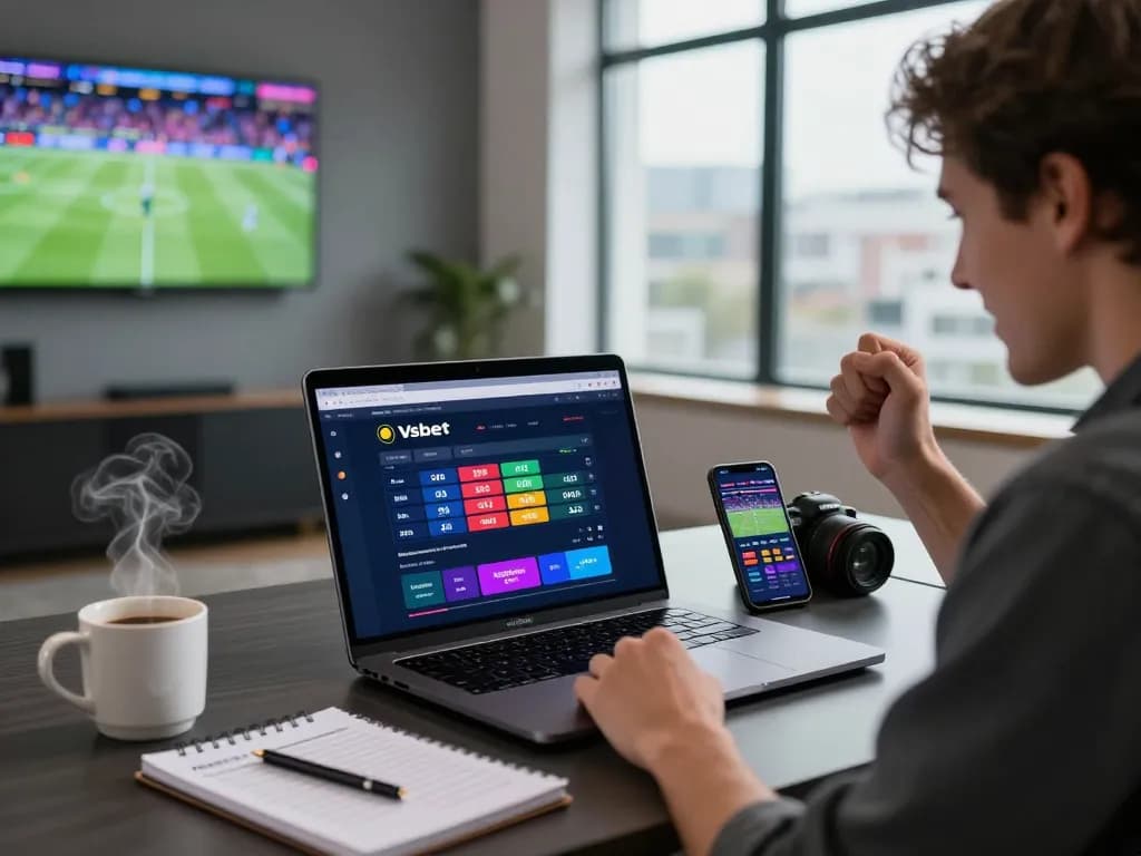 A user celebrating a win on Vsbet with a laptop and smartphone showing live sports updates.
