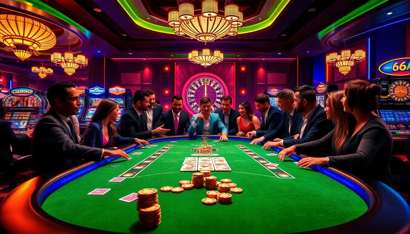 Players immersed in an exciting game of poker at 65A Casino with vibrant slots and roulette wheels.