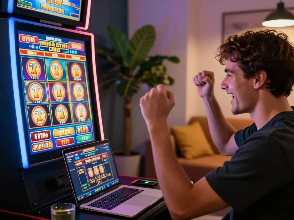 Luckywin player celebrating big win on online slot machine in cozy gaming setup