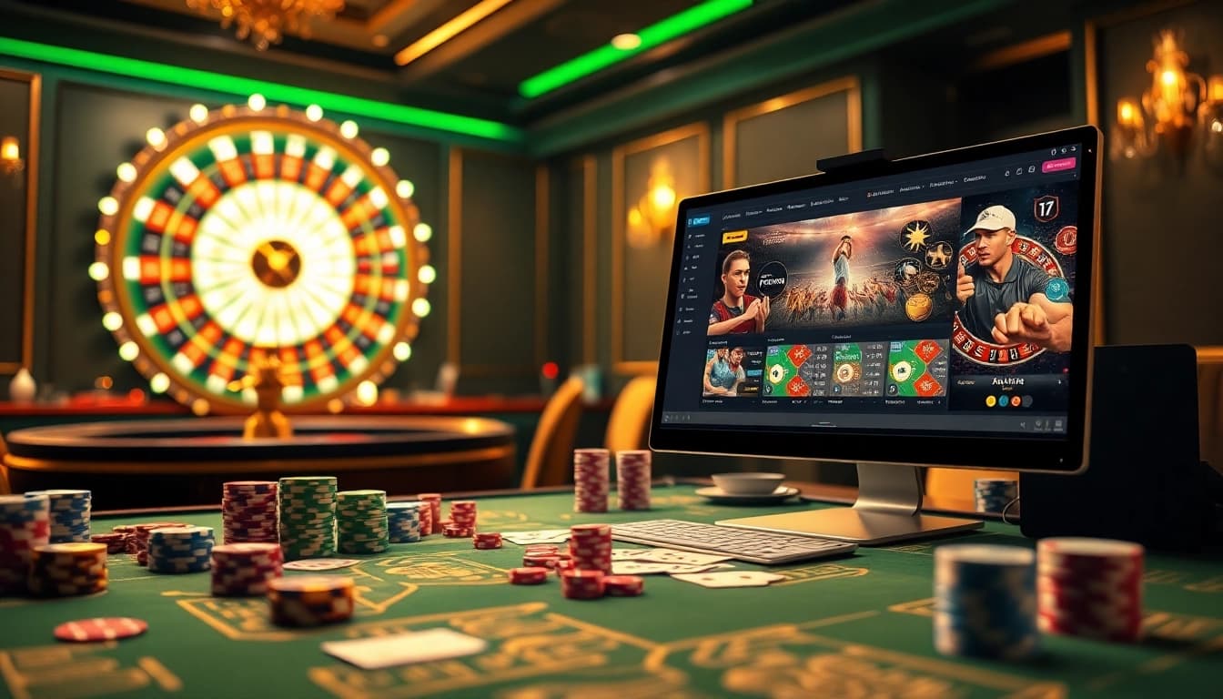 Experience the thrill of THỂ THAO 123GA with an exciting gambling interface featuring poker chips and live sports betting.