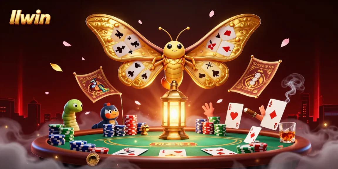 llwin showcases an enchanting casino scene with a golden-winged moth, poker elements, and shimmering details