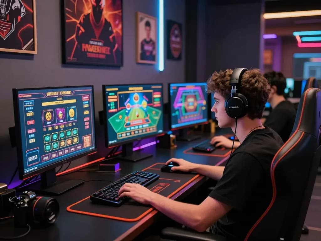 Player strategizing in professional online gaming setup for 123 Win with multiple screens displaying casinos.