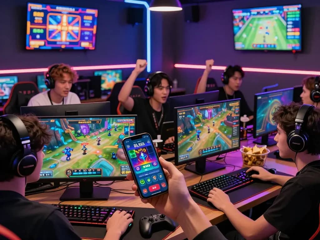 Engaged gamers enjoying the BL555 gaming experience, surrounded by vibrant graphics and technology.
