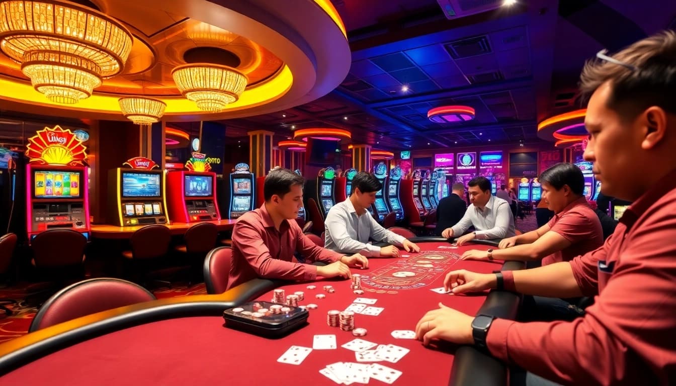 King88 players enjoying casino games with vibrant tables, slot machines, and poker action.