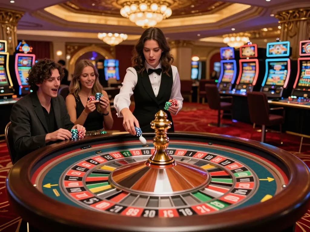 8day players placing bets at a luxury roulette table in an upscale casino, showcasing excitement and elegance