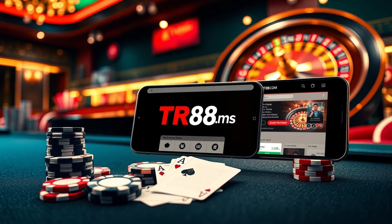 Experience thrilling casino action at TR88.com with poker chips and a roulette wheel in a luxurious setting.