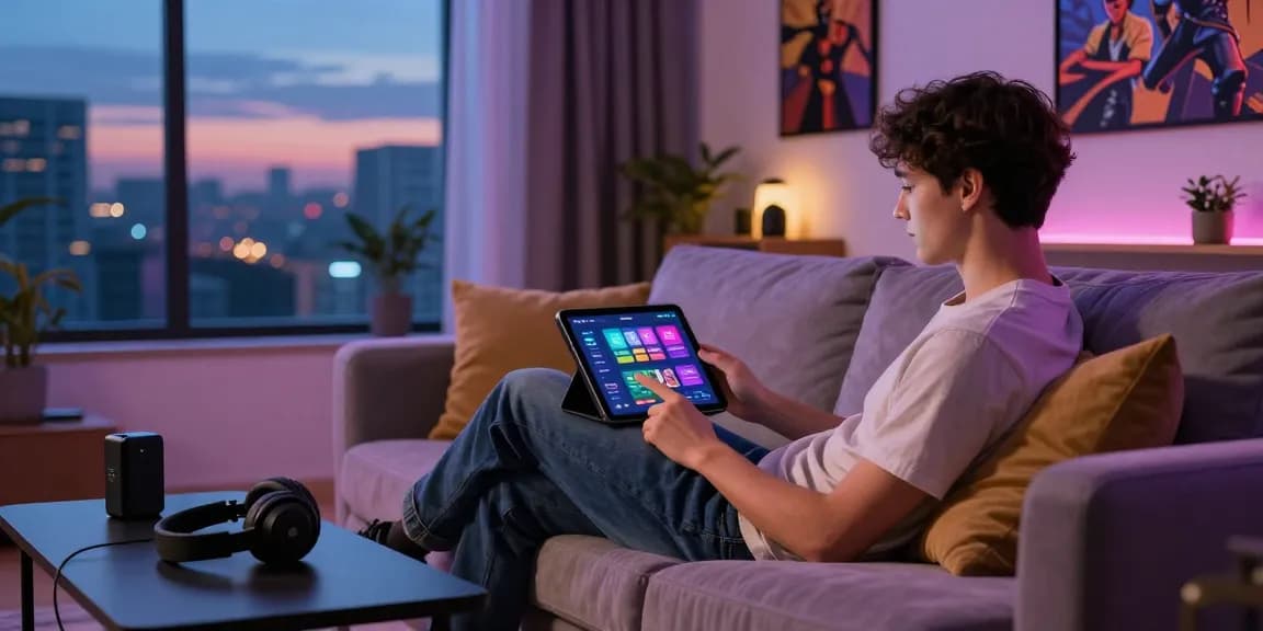 Person using the 123b tải app on a tablet in a cozy living room.