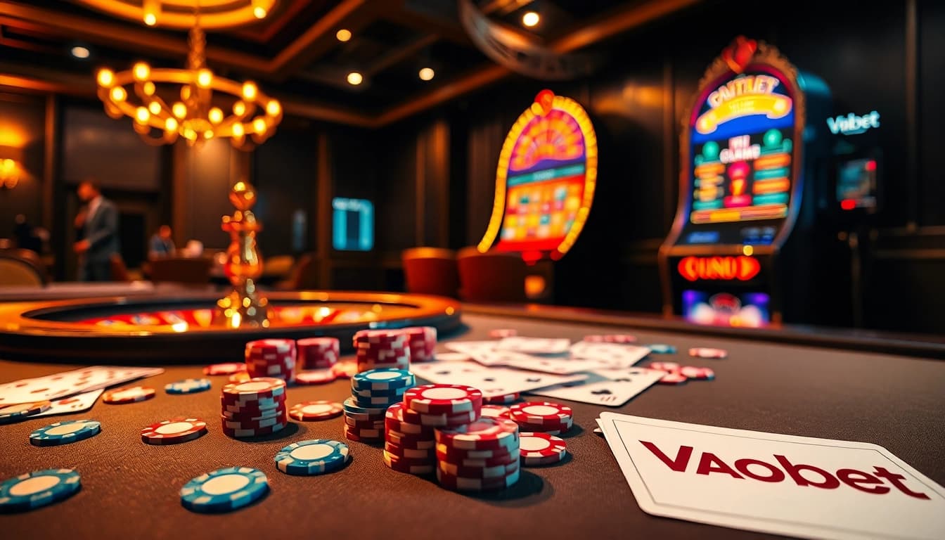 Vaobet players enjoying an exciting game at a vibrant casino table with poker chips and cards.