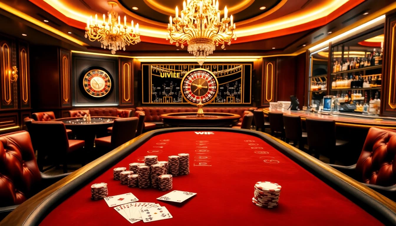 Experience elite gambling with MMOO VIP at a luxurious poker table in a glamorous casino.