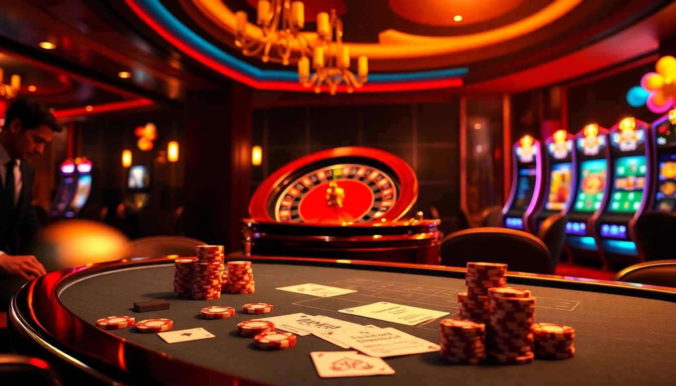 Experience the thrill of gambling at https://qq88.social/ with vibrant casino visuals, showcasing poker chips and roulette.