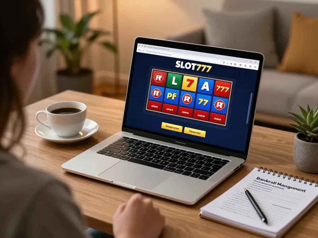 Engaging player exploring slot777 online casino on laptop with strategic notes nearby.