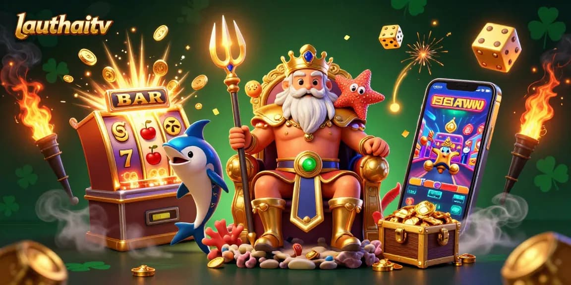 Win big on lauthaitv with a colorful 3D casino scene filled with vibrant game elements.