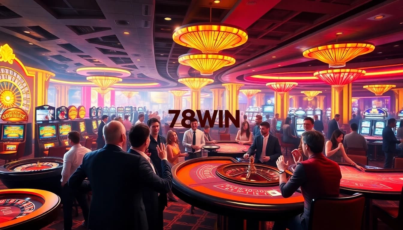 Players enjoying their gaming experience at 78WIN casino with roulette and poker tables.