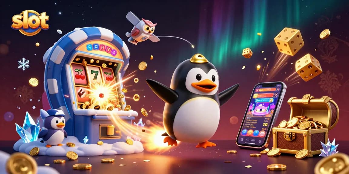 Experience thrilling slots with a golden penguin and jackpot explosion in this vibrant casino scene.