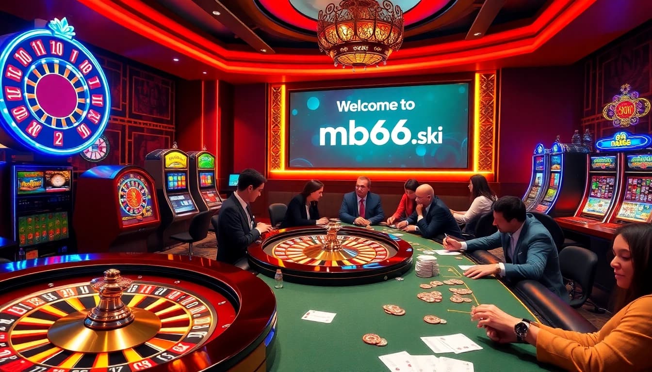 Experience the thrill of winning at mb66.ski with a vibrant casino atmosphere featuring roulette wheels and poker tables.