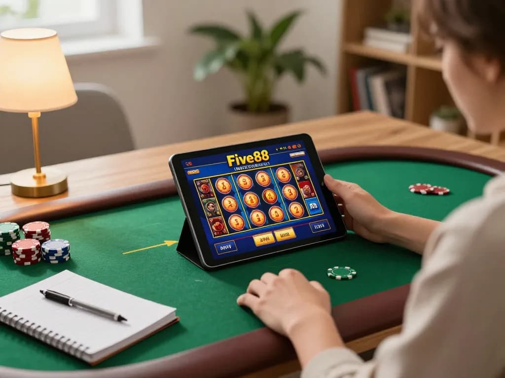 Engaging with five88 online casino on tablet amidst a cozy home setup, showcasing vibrant slots and strategy notes.