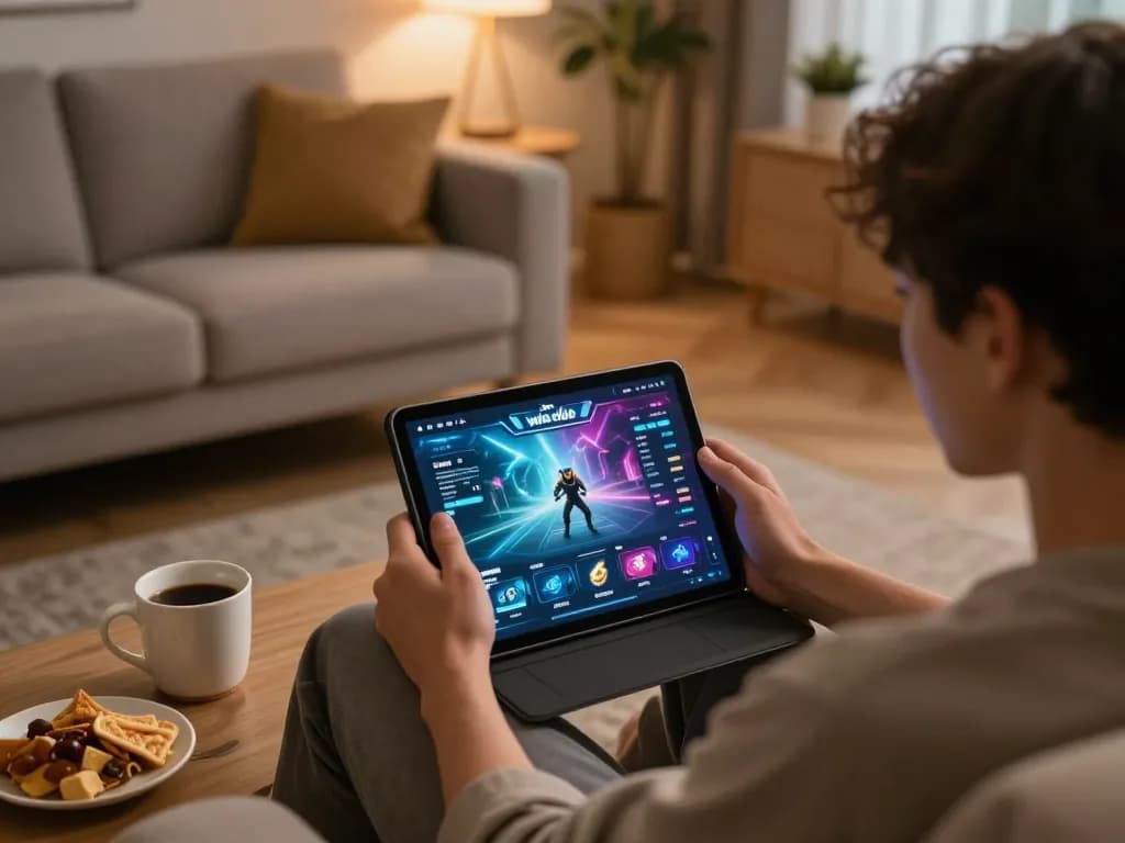 Engaged player enjoying iwin club on tablet in cozy home setting with snacks and warm lighting