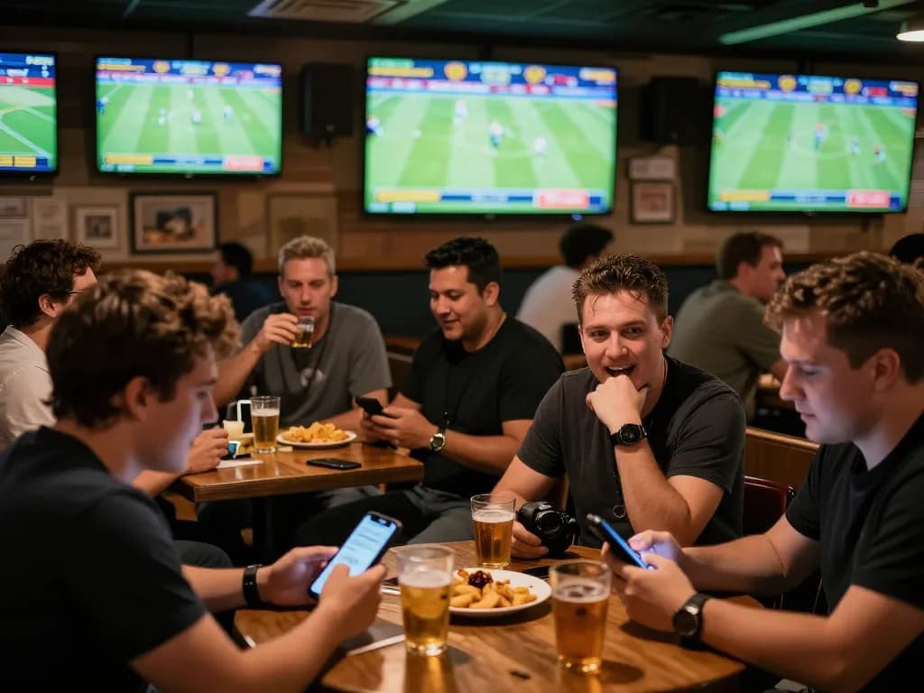 Engaged sports bettors checking kết quả bóng đá on mobile devices in a lively sports bar atmosphere