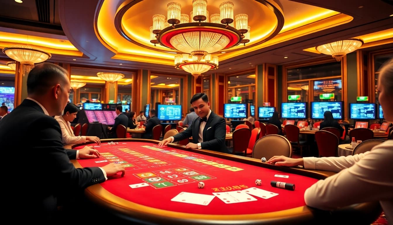 Tải xỉu MD5 game in a luxurious casino with vibrant betting slips and dealer action.
