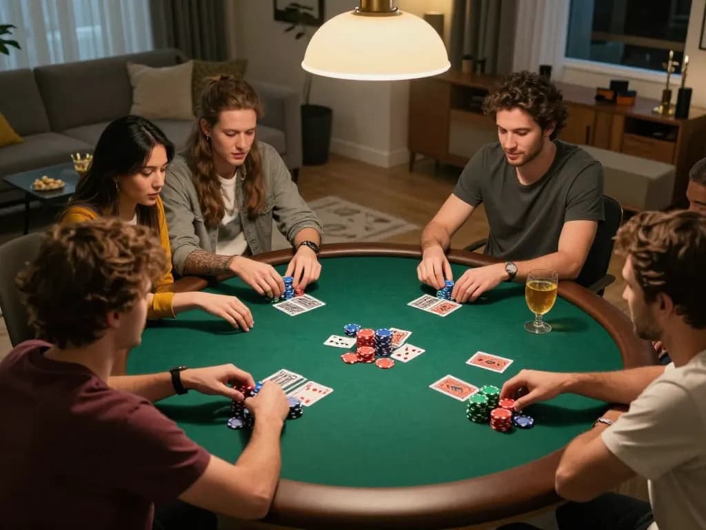Friends engaged in a thrilling poker game at home, showcasing strategic gameplay and social bonding in a cozy setting with sunwin.