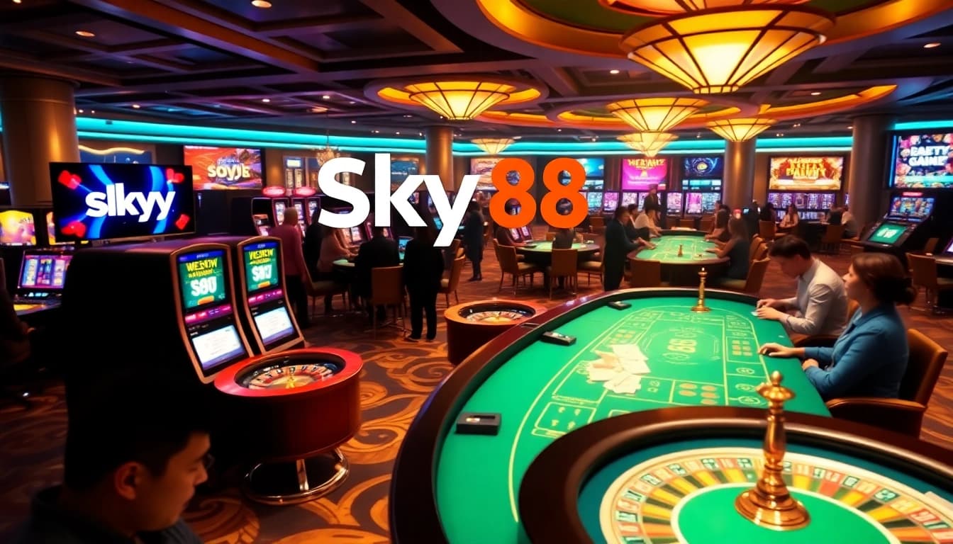 Experience Sky88's luxurious online casino ambiance with exciting gaming action and vibrant slot machines.