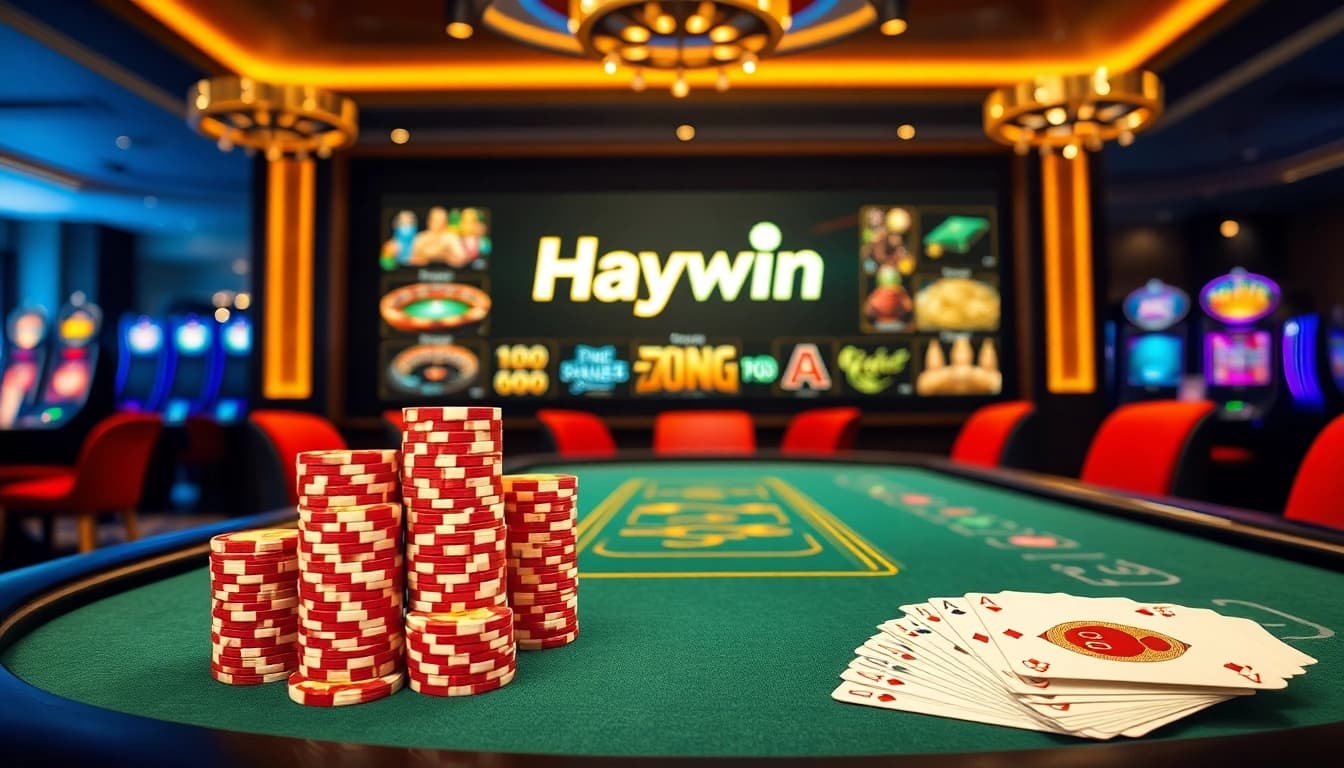 Haywin casino table with vibrant poker chips and playing cards for an exciting gaming experience.