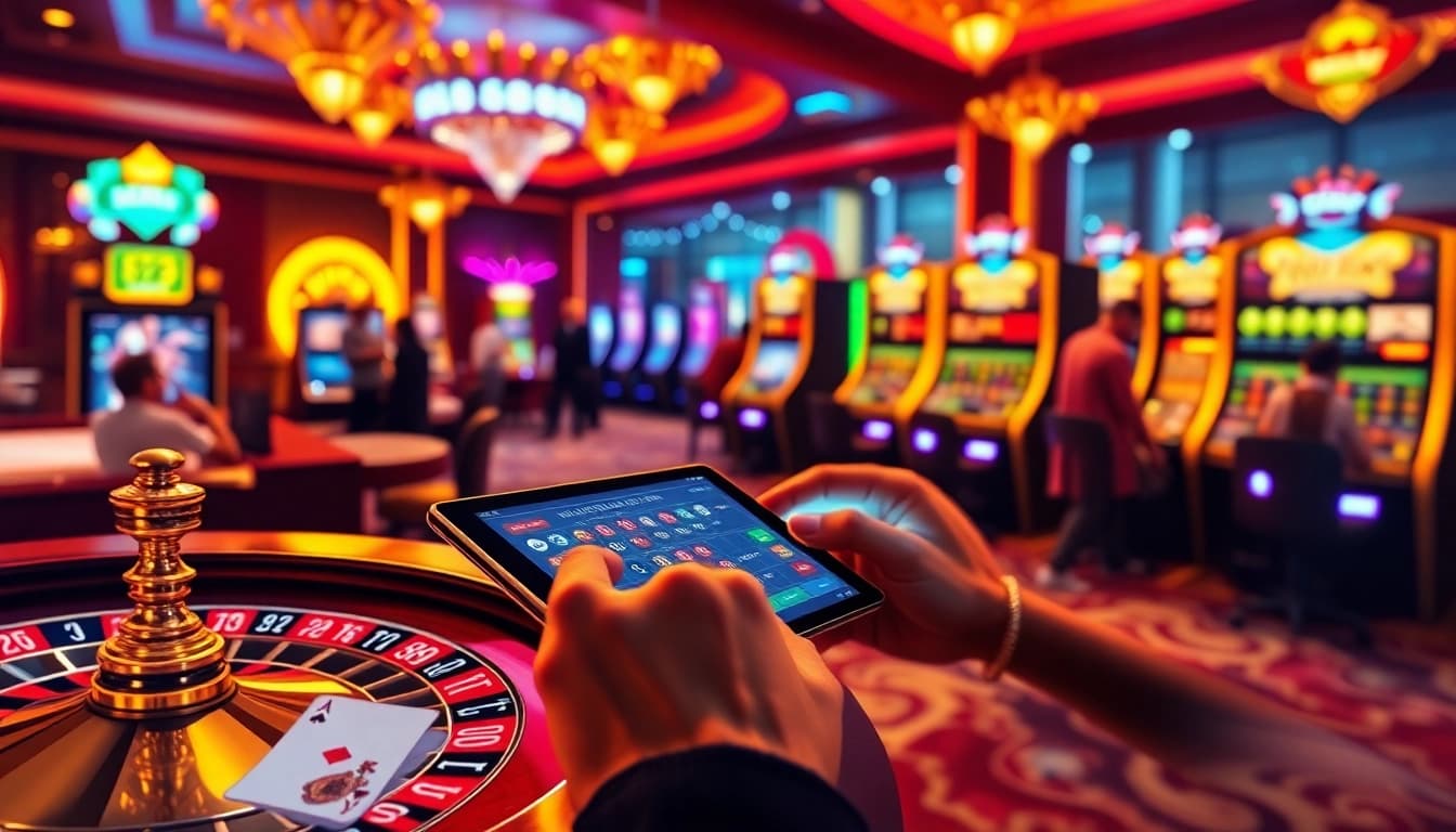 Experience the thrill of online gambling with tr88 com, showcasing a vibrant casino scene with roulette and cards.