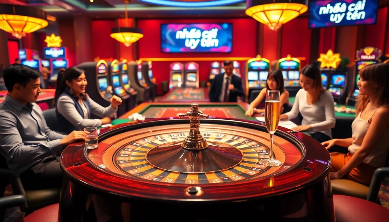 The vibrant casino scene with "nhà cái uy tín" on digital screens, showcasing excitement among players.