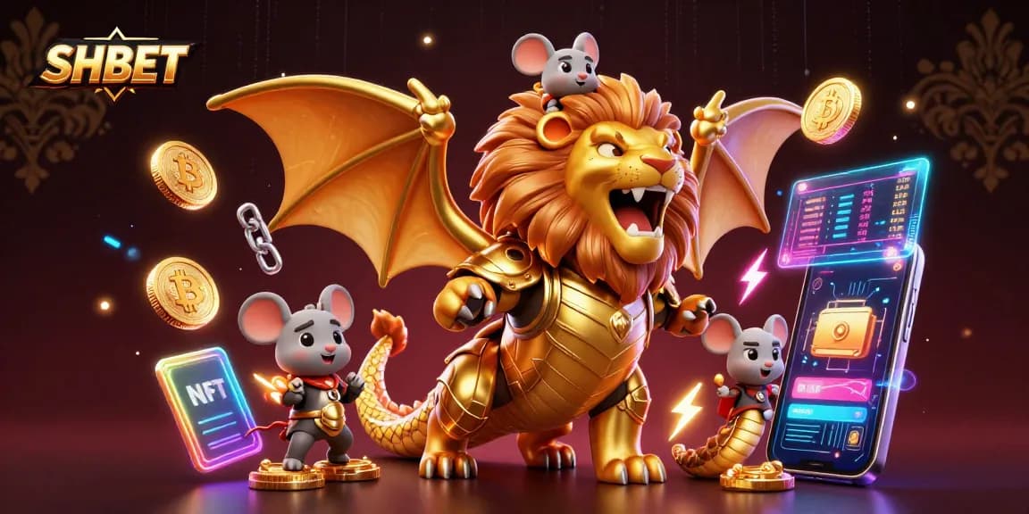 Join the thrilling action at SHBET with a roaring chimera and vibrant crypto elements.