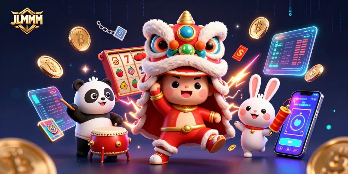 Engage with JLMMM's vibrant casino adventure featuring exciting slot elements surrounded by animated characters.