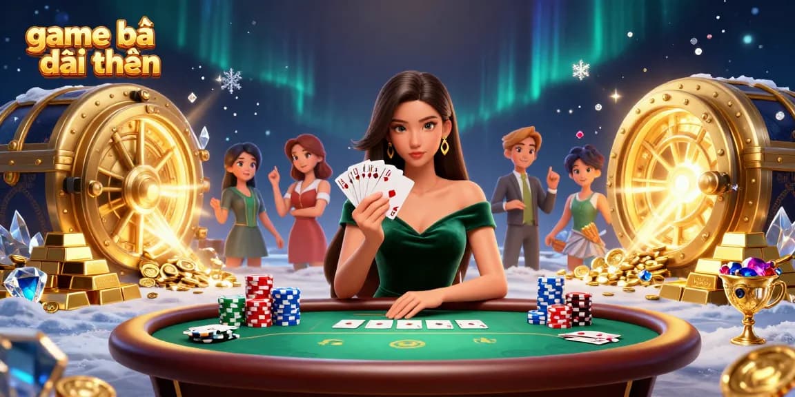 Engaging scene featuring game bài đổi thưởng with a focused Asian woman playing poker, illuminated under dramatic lighting.