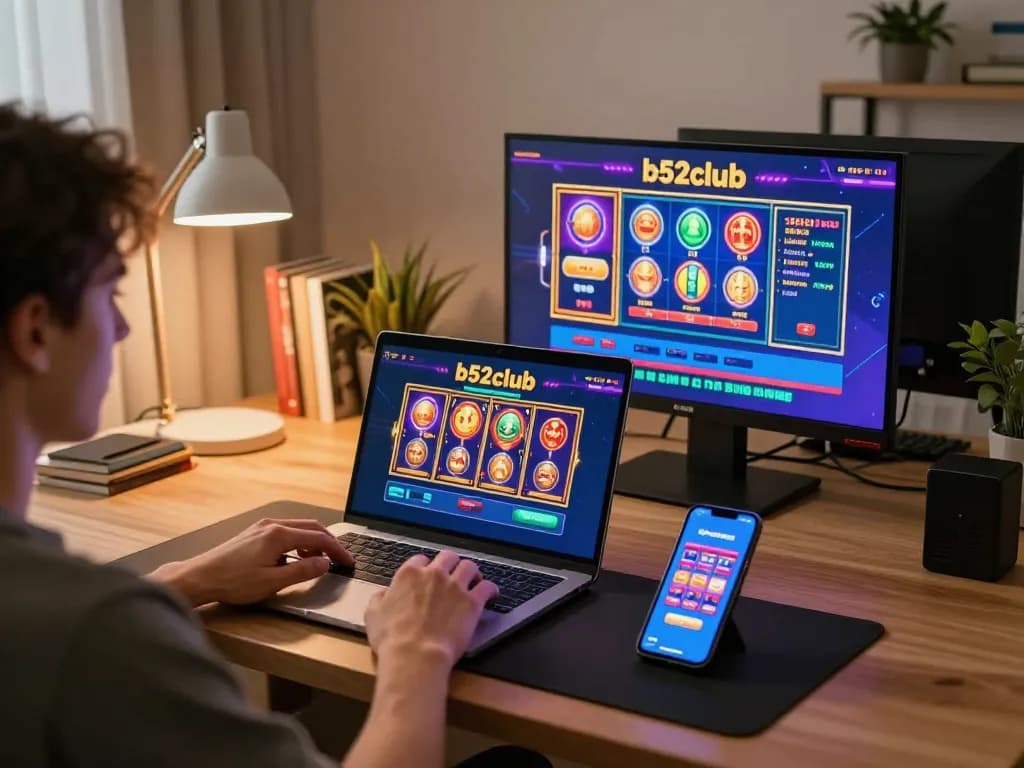 Engaging player enjoying an exciting gaming experience at b52club using laptop and smartphone.