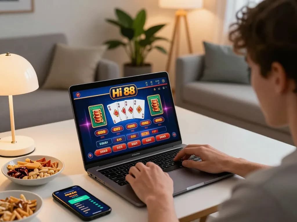 Player enjoying online gambling at Hi 88 with engaging interface in cozy home setting.