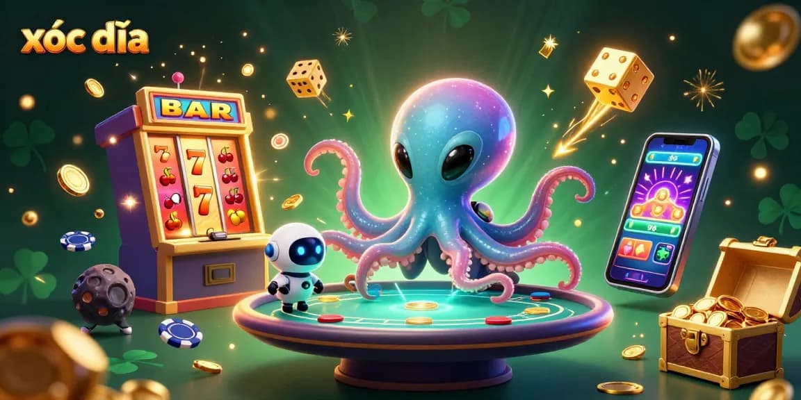 Play xóc đĩa with a cosmic twist in a vibrant 3D casino scene featuring an octopus and a robot.