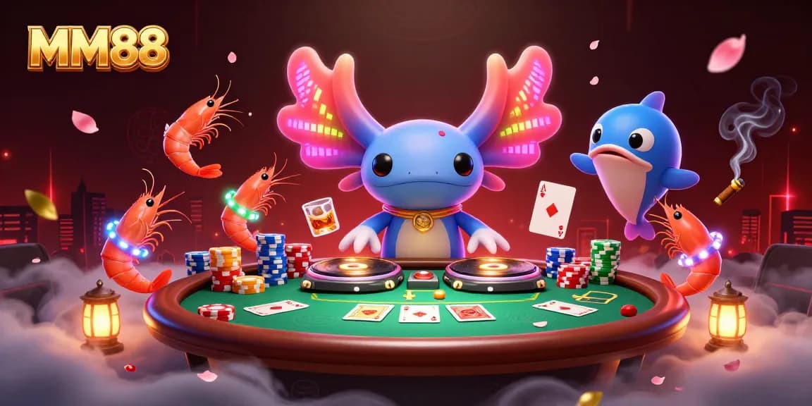 Experience lively gaming at MM88 with a vibrant DJ party scene featuring poker elements and animated marine characters.