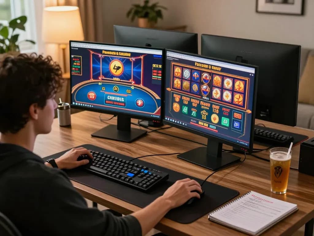 Player engaging in online casino gameplay with KUWIN, showcasing multi-screen setup for strategic betting.