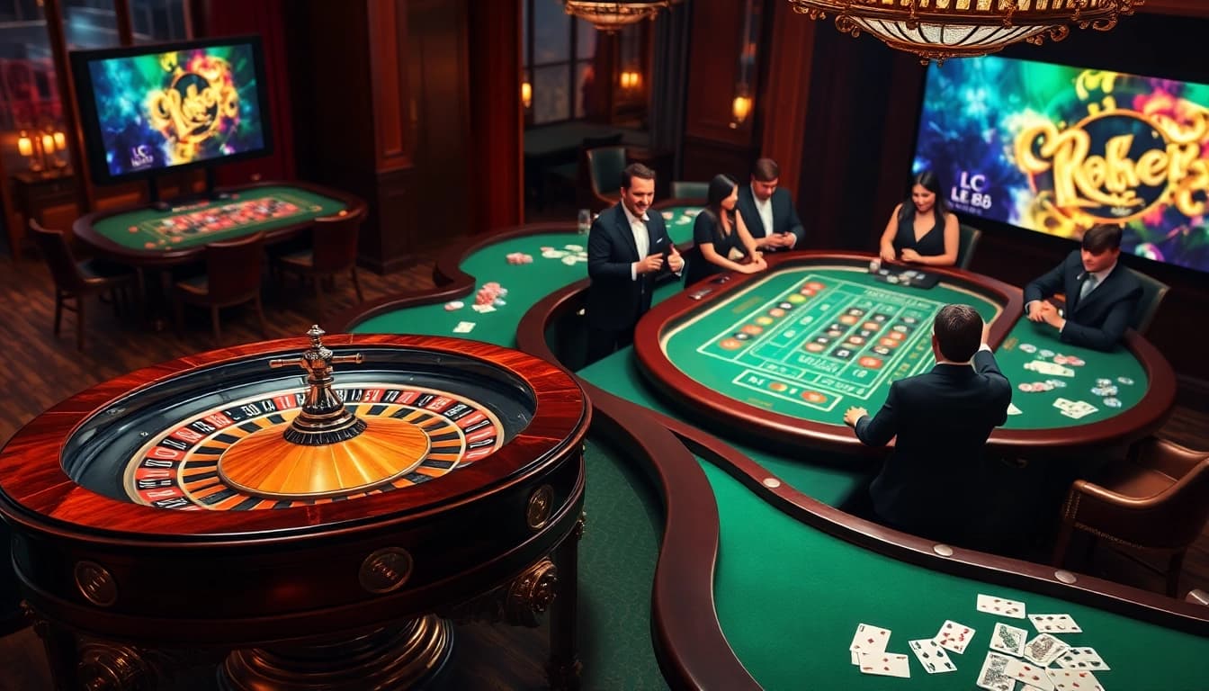 Experience the thrill of placing bets at LC 88's luxurious casino tables filled with vibrant poker chips and cards.
