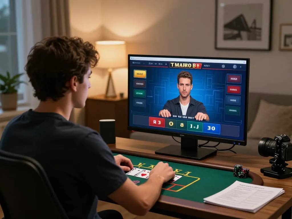Player engaging in online blackjack at LV88 in stylish home office, focusing on strategic gameplay.