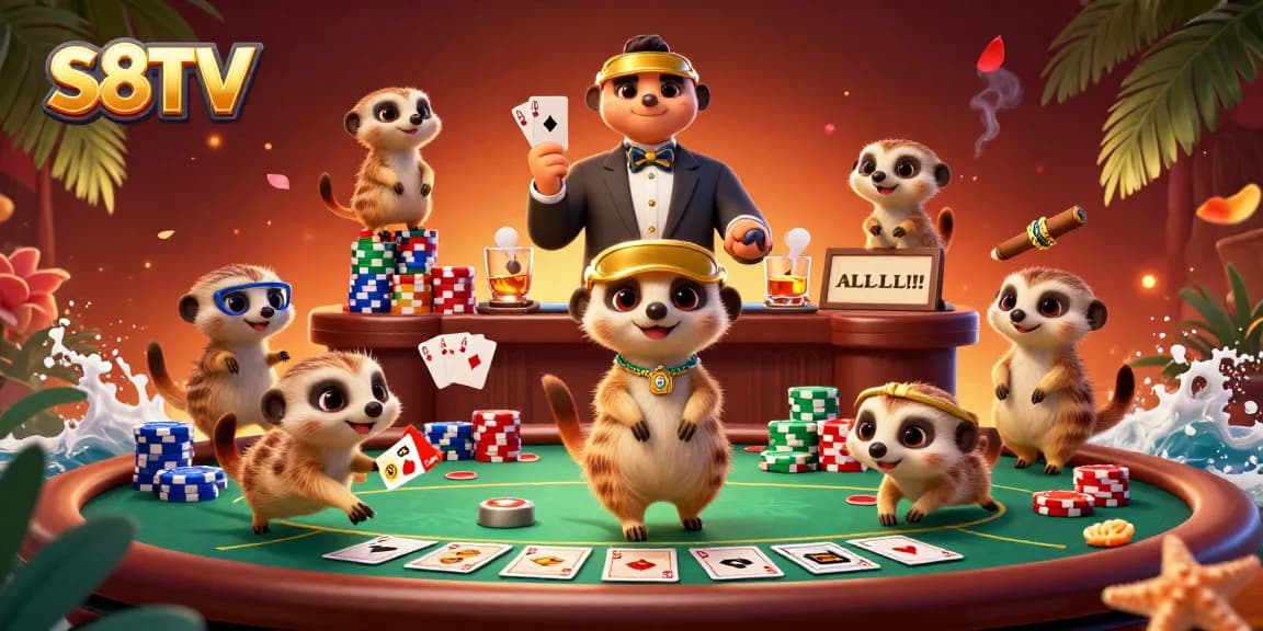 S8TV enhances gaming excitement with meerkats orchestrating a lively poker scene amid colorful chips.