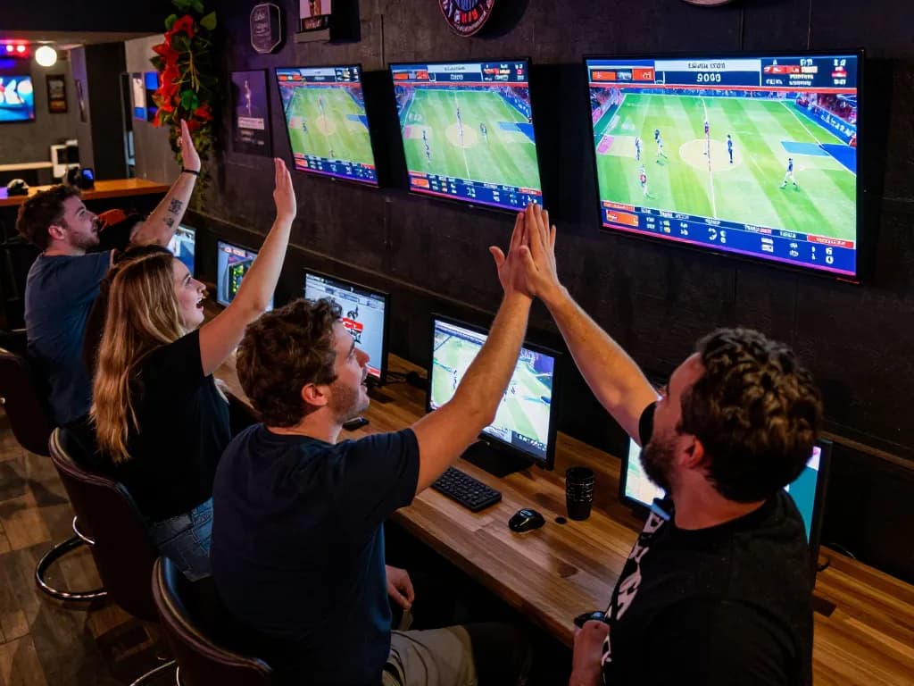 Exciting sports betting experience with fabet, friends cheering and engaging in the action.