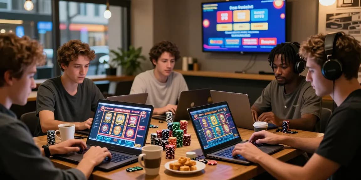 Engaged players at https://saintnicolasplace.co.uk enjoying credit card casinos, vibrant café atmosphere.
