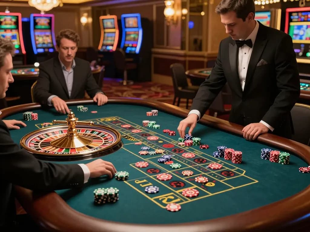 Players placing bets at a roulette table in 789win casino, showcasing vibrant chips and an upscale atmosphere