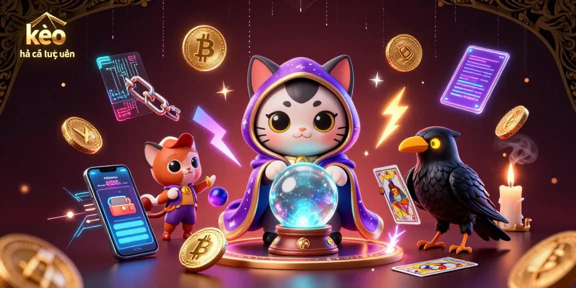 Experience kèo nhà cái trực tuyến with animated characters amidst neon coins, showcasing gambling excitement.