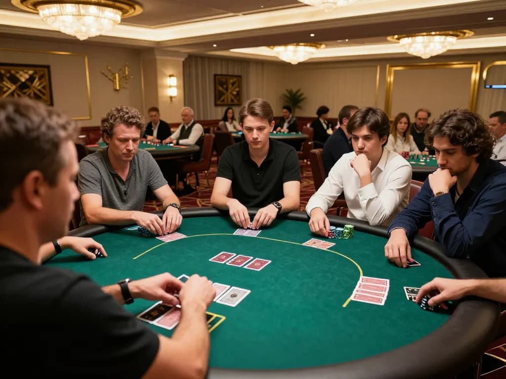 Players strategizing at a high-stakes poker table in qh88go casino, focused on the game