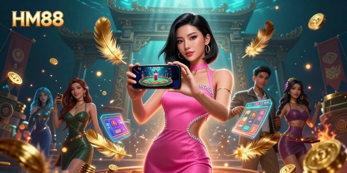 Experience the thrill of HM88 with stunning visuals of a woman playing a live dealer game on her smartphone.