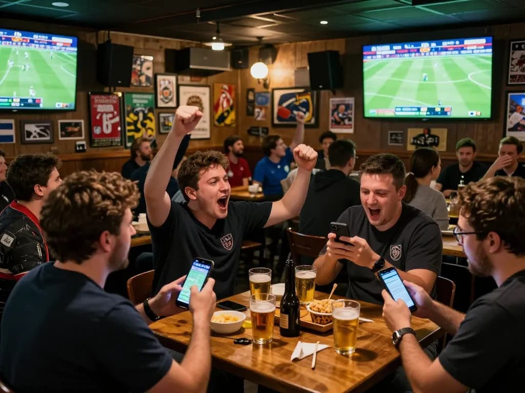 Fans engaging in footballl betting at a lively sports pub, enjoying the game with mobile apps