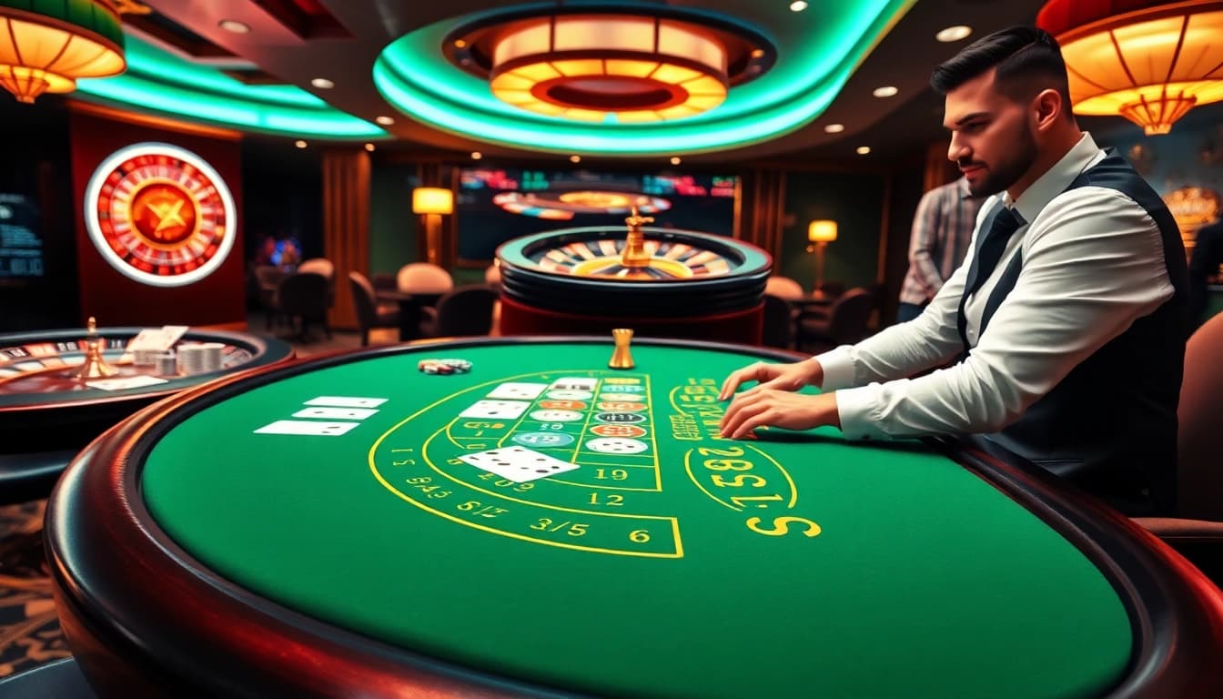 Experience thrilling gameplay at 98Win with vibrant casino settings featuring poker and roulette.
