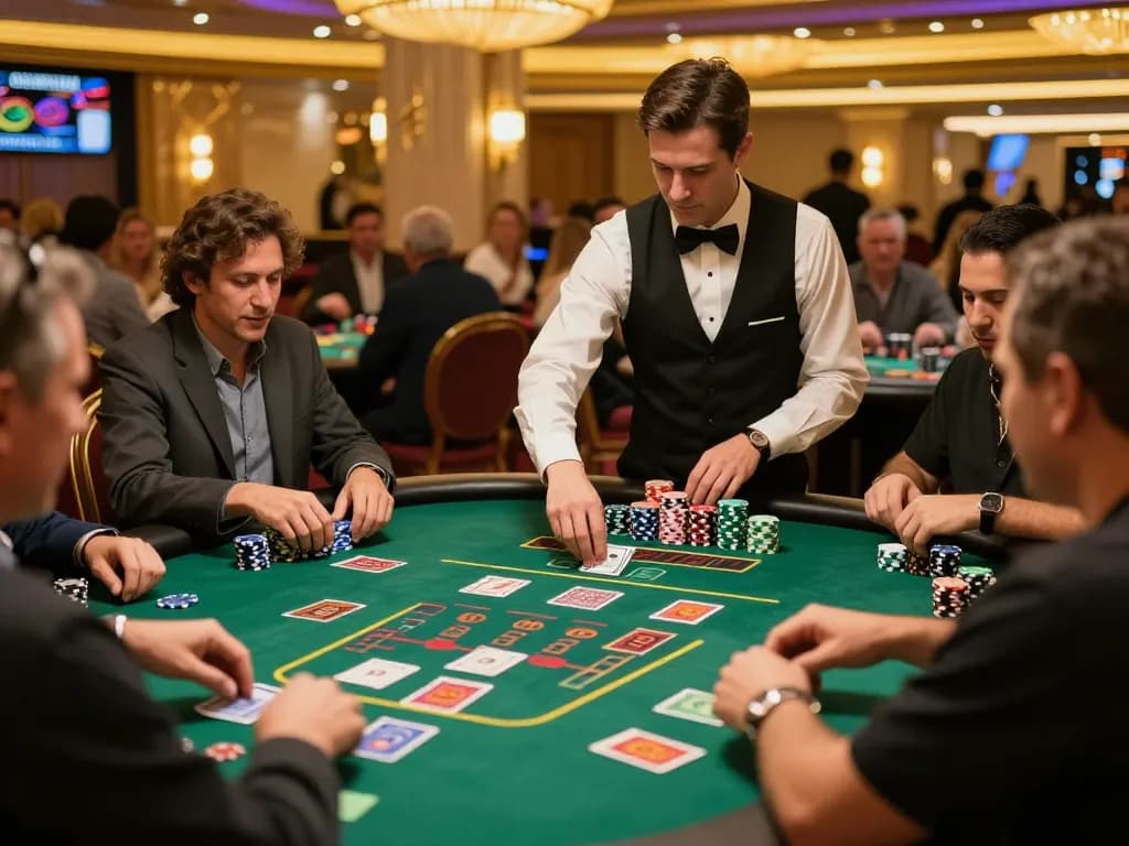 Players engaging tactically at an SC88 blackjack table in a lavish casino atmosphere, showcasing excitement and strategy.