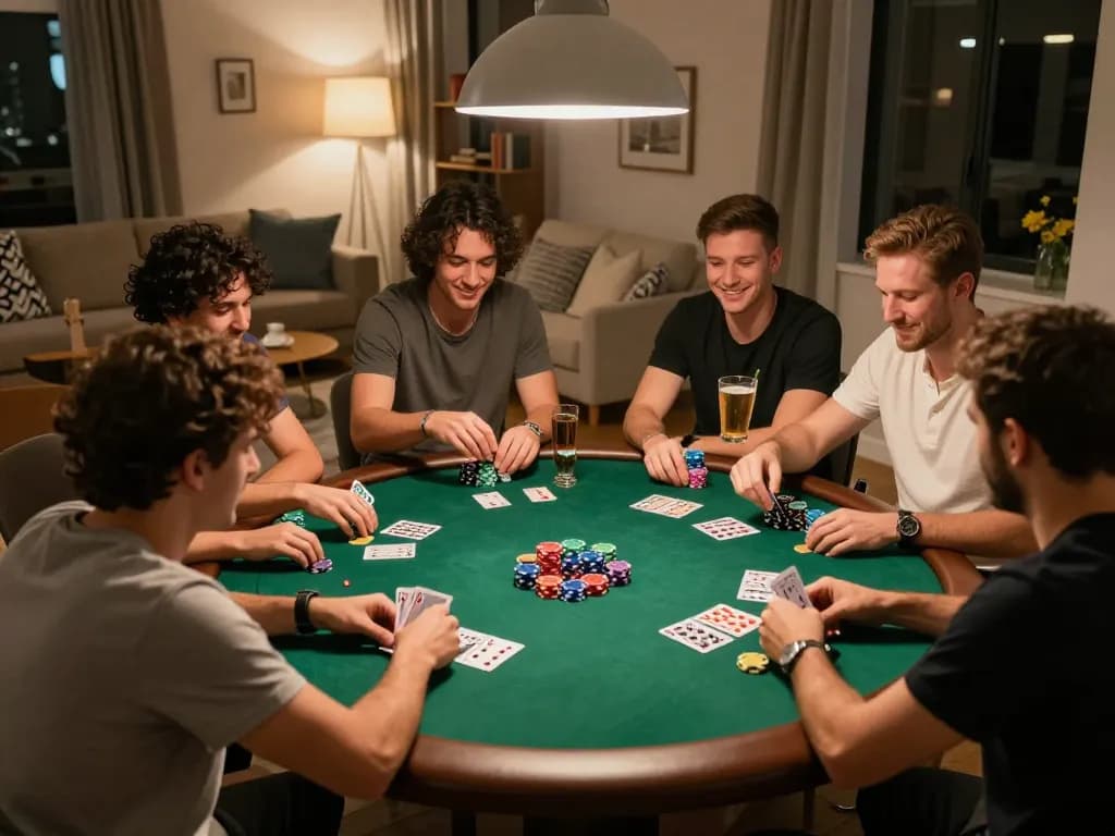 Players enjoying a lively poker night while using hello88 com for online gaming strategies, surrounded by chips and drinks.
